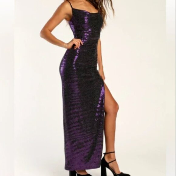 LULUS Glow Goals Black & Purple Sequin Cowl Neck Maxi Dress Party/Cocktail L NWT - Picture 4 of 9